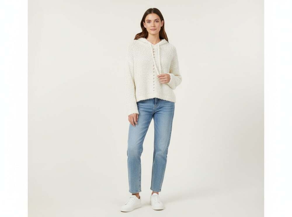 One Grey Day Boucle Hooded Crop Sweater Cream Medium NWT Wool Blend LA